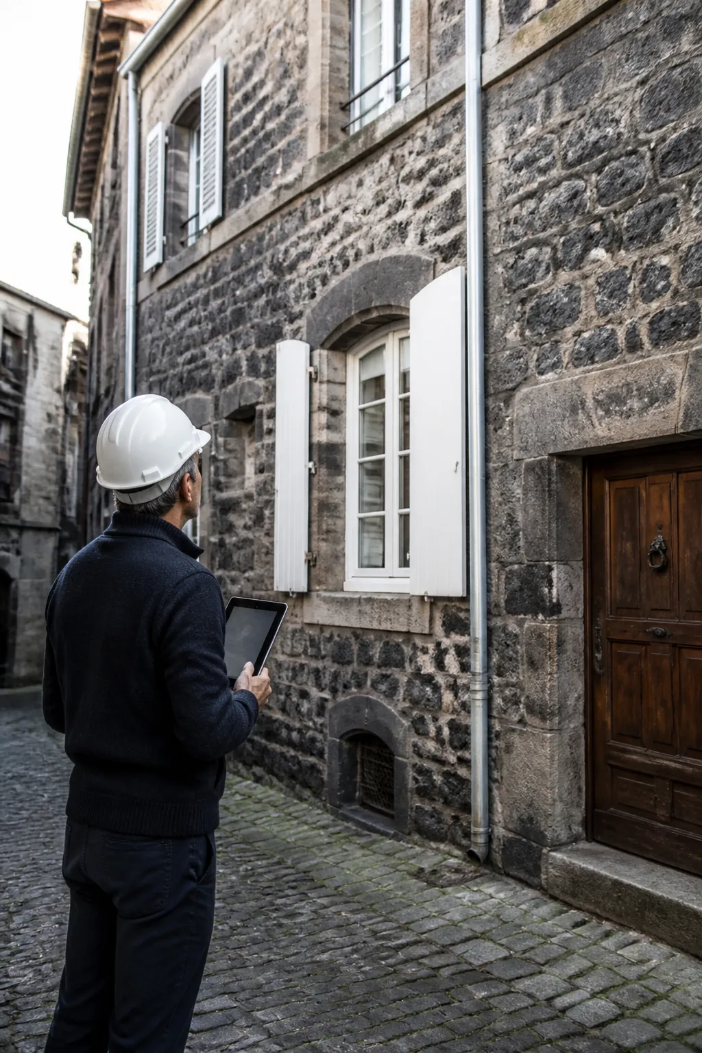 Expert en bâtiment devant une maison de ville en pierre sombre à Riom