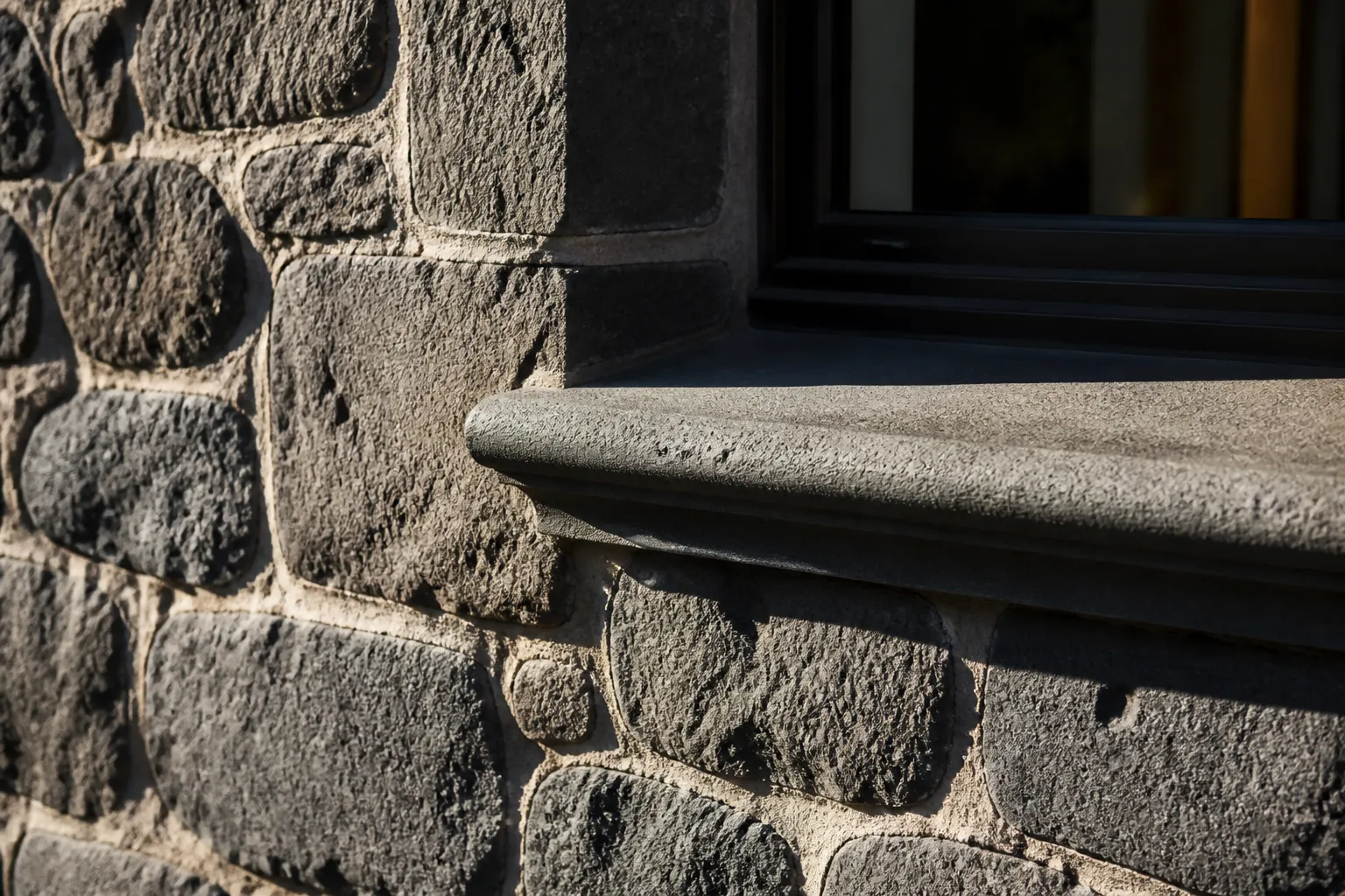 Détail d’une façade en pierre de lave avec joints et appui de fenêtre