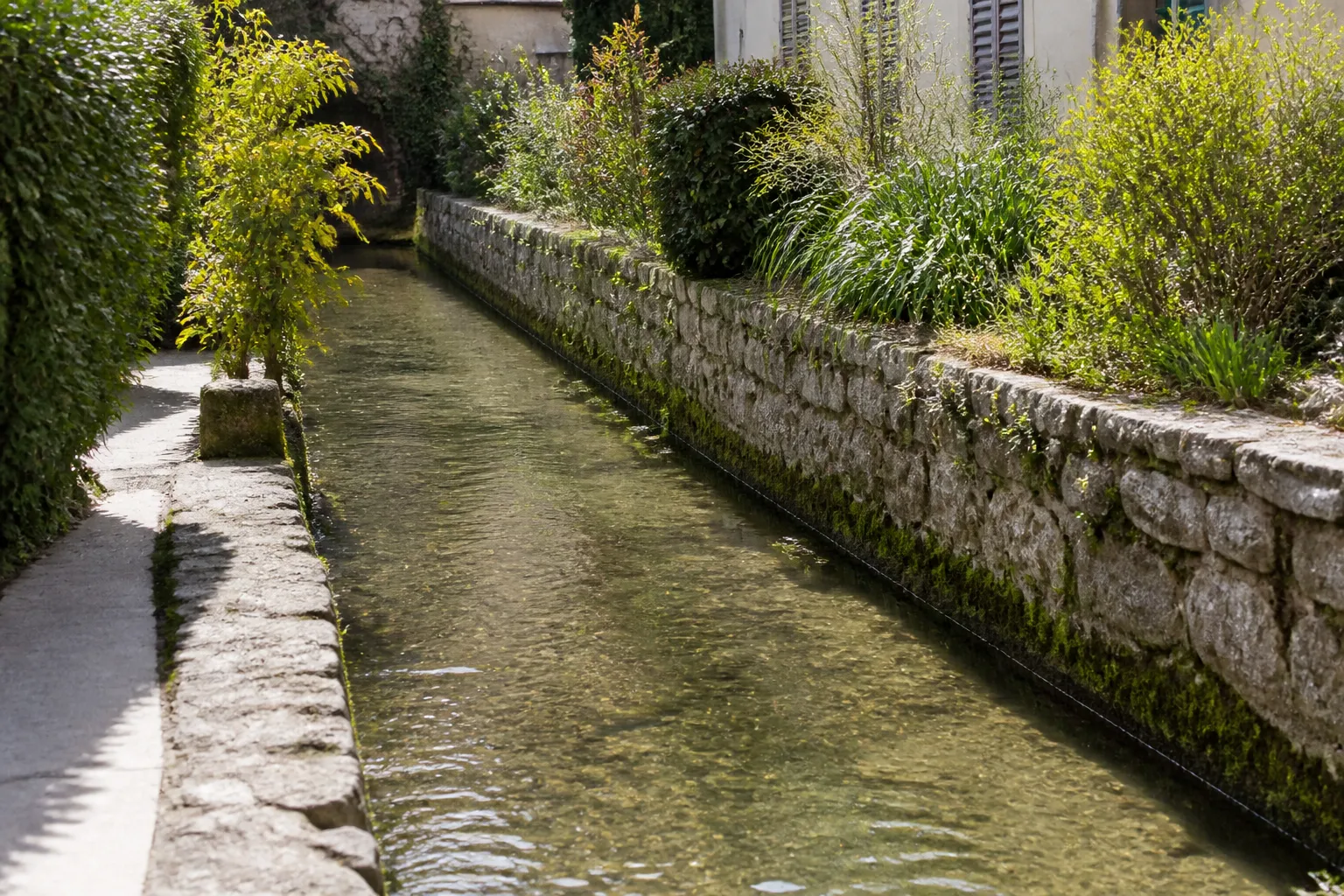 Petit ruisseau canalisé longeant des jardins en ville