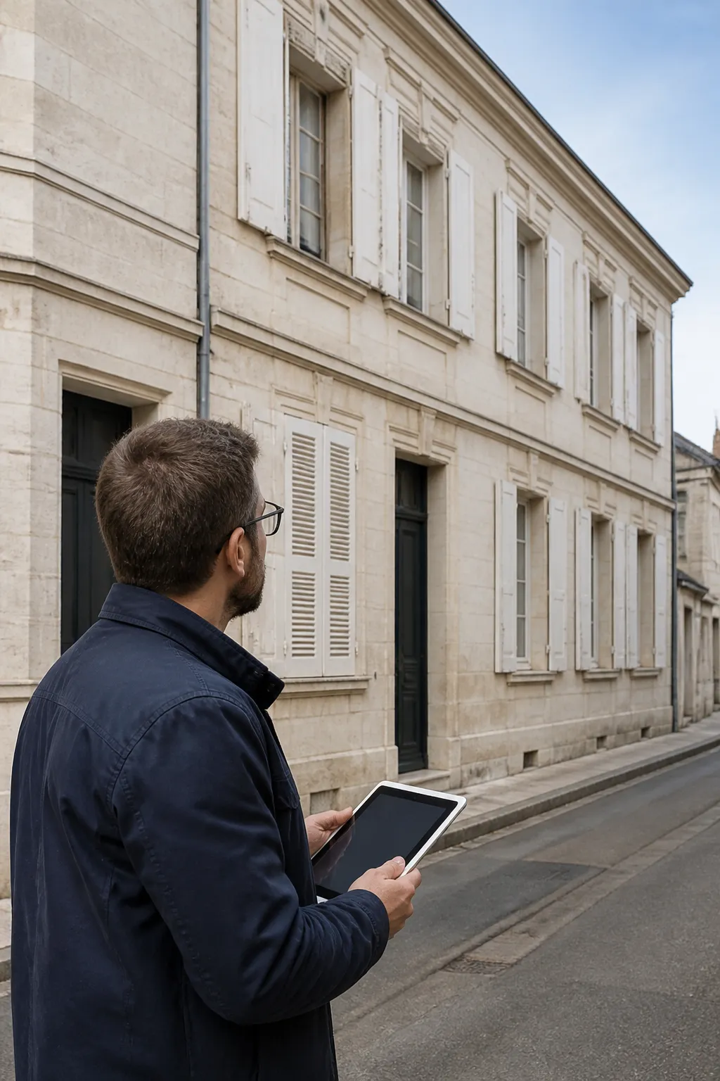 Expert en bâtiment devant un immeuble ancien en pierre de taille dans une rue rectiligne