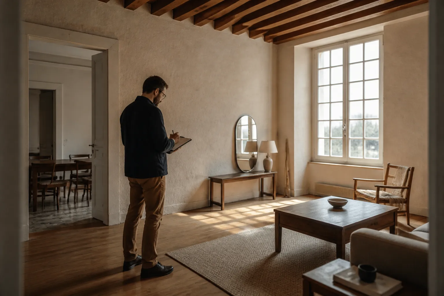 Expert consultant ses notes dans un séjour ancien aux murs épais