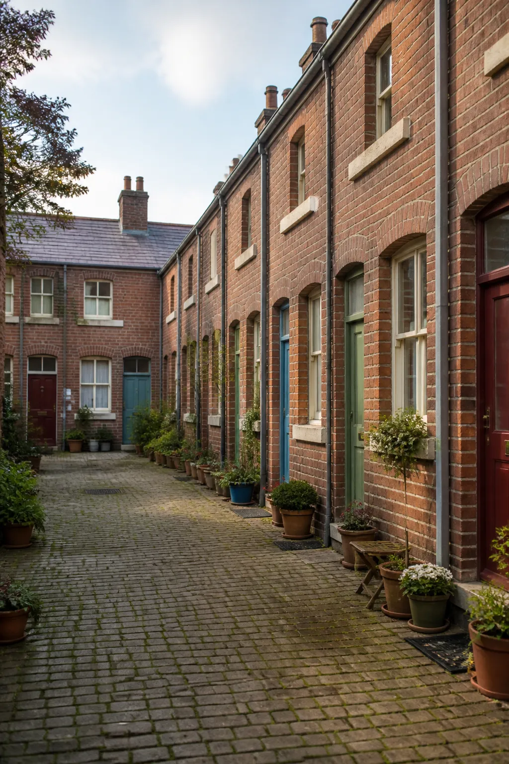 Petites maisons en brique alignées autour d'une cour pavée