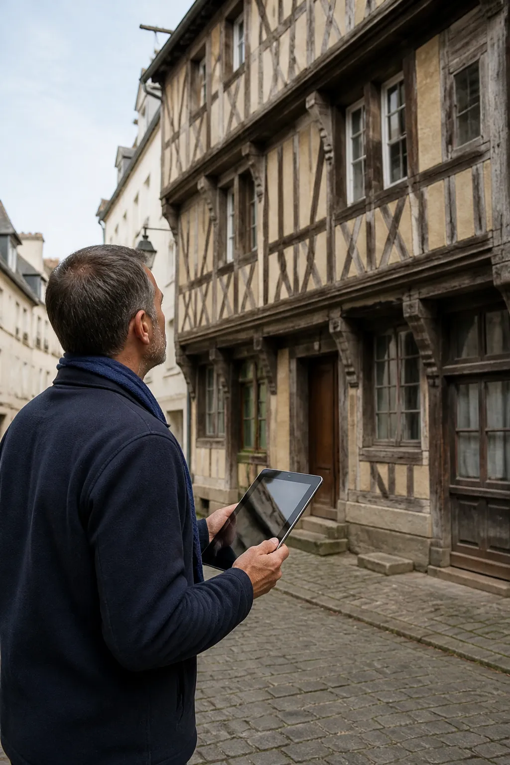 Expert en bâtiment devant une façade à pans de bois dans le centre ancien de Rouen