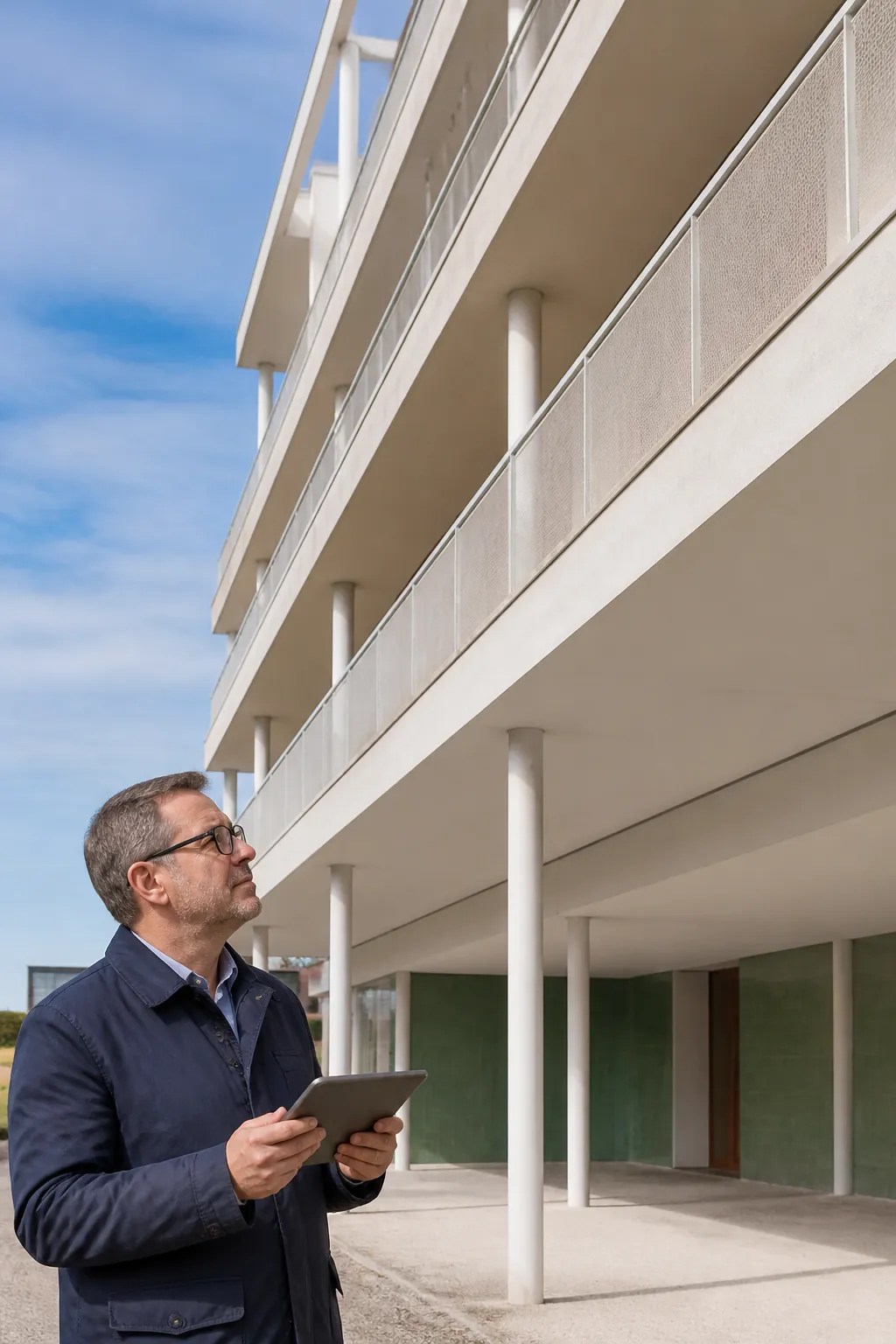 Expert en bâtiment examinant la façade d’un immeuble moderniste des années 1950 en béton