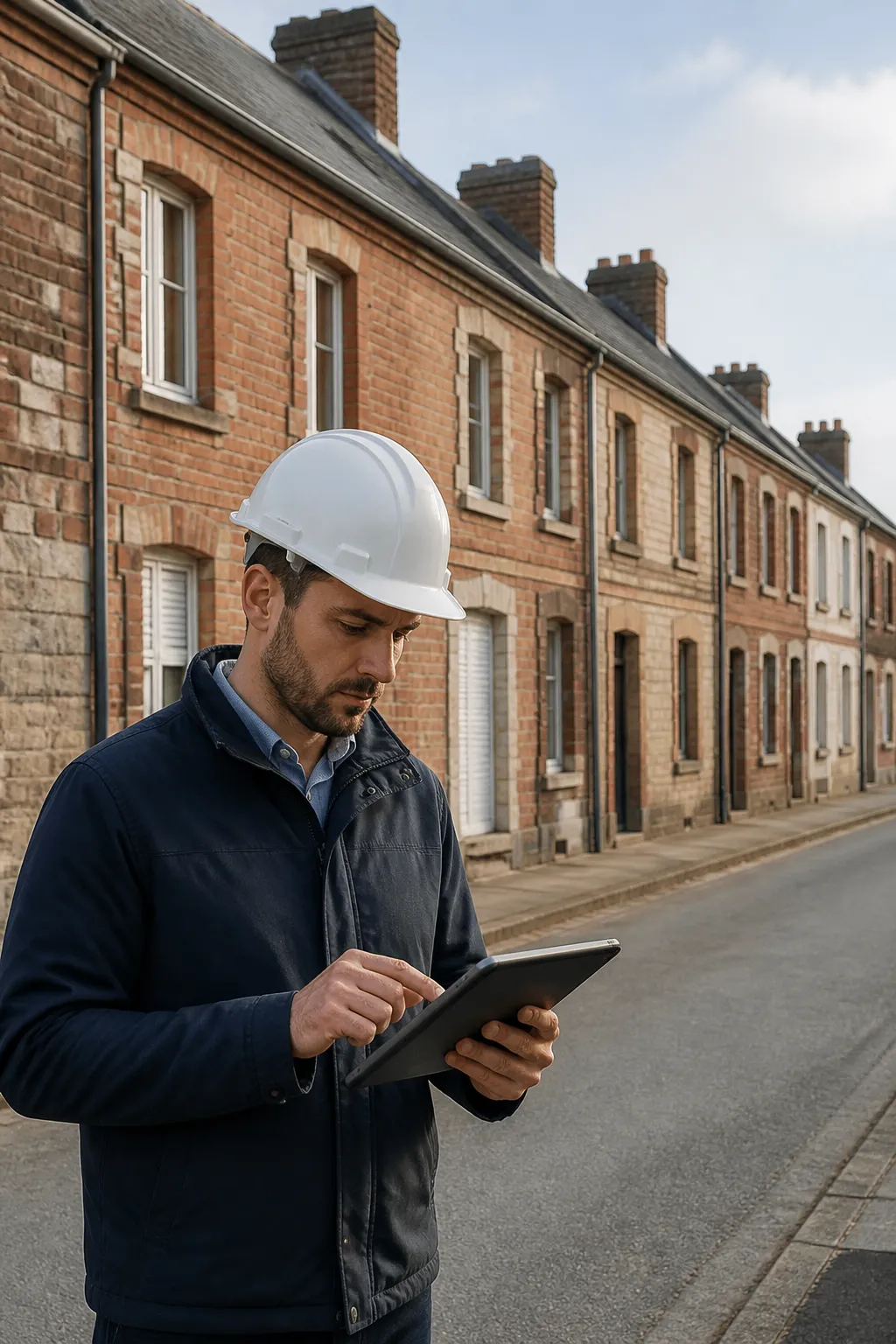 Expert en bâtiment devant une rangée de maisons ouvrières anciennes en Seine-Maritime
