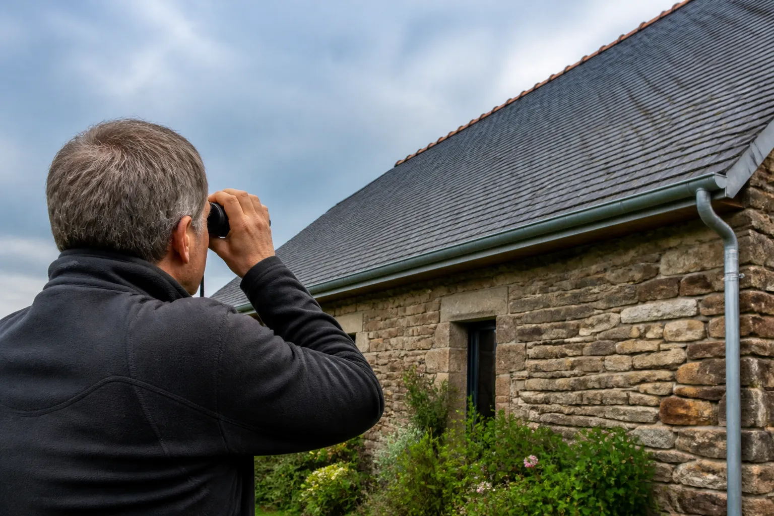 Expert observant une toiture en ardoise depuis le sol avec des jumelles