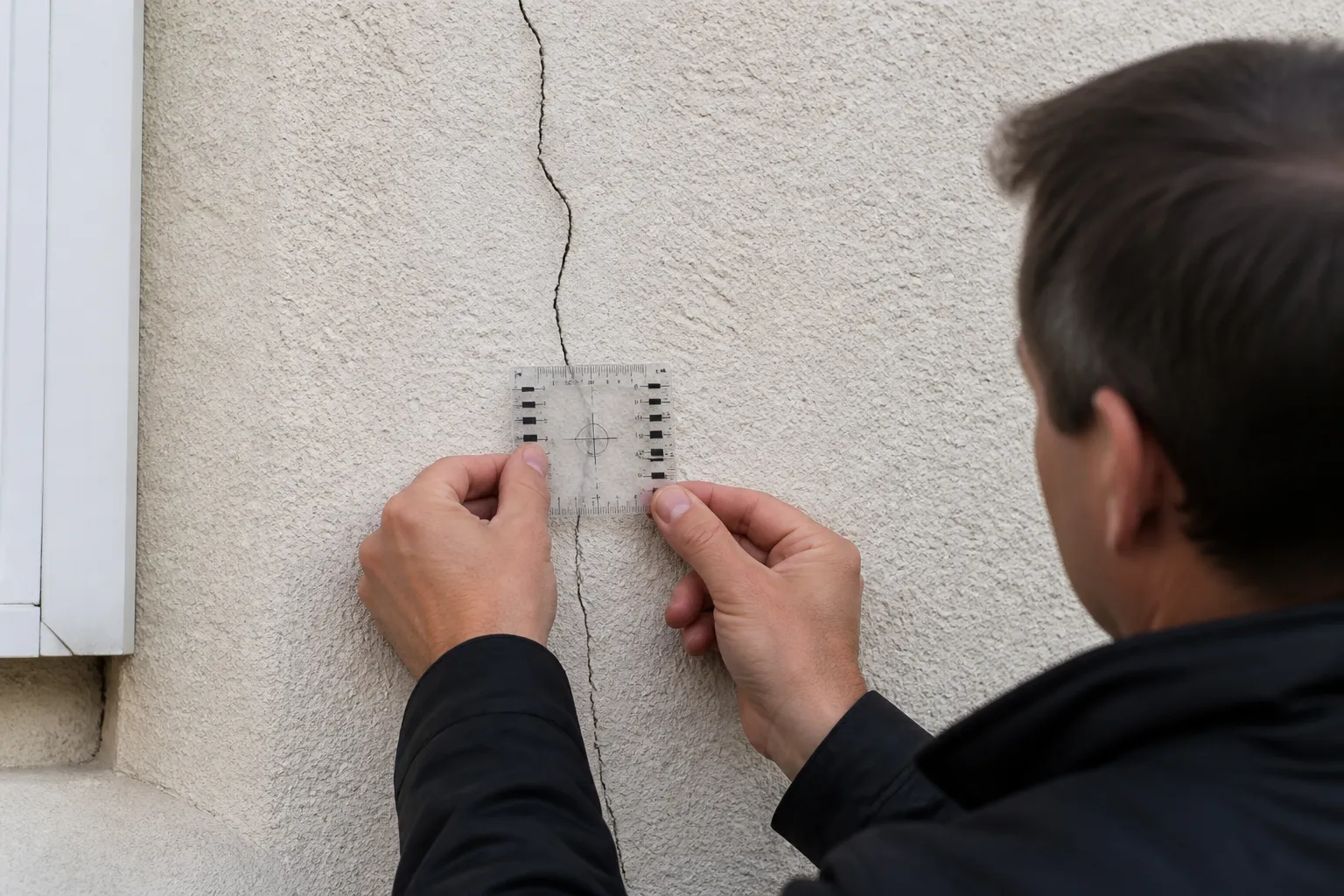 Expert relevant une fissure sur un mur de maison avec un fissuromètre