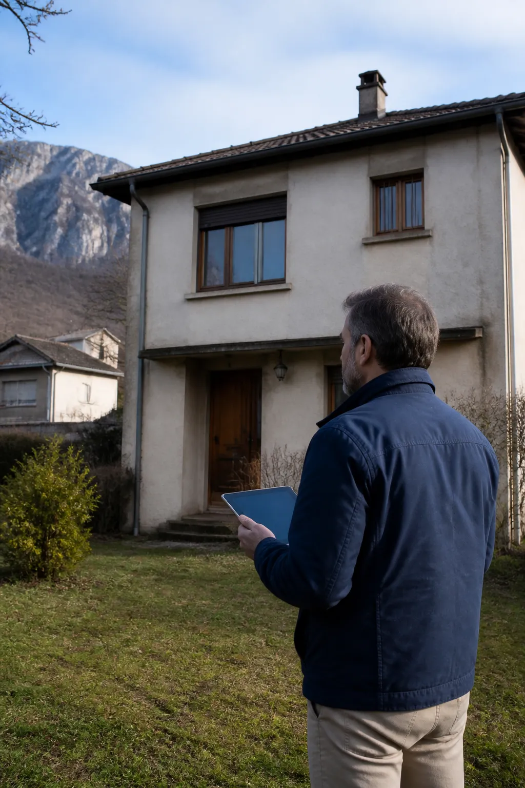 Expert en bâtiment observant la façade d'une maison individuelle en périphérie urbaine