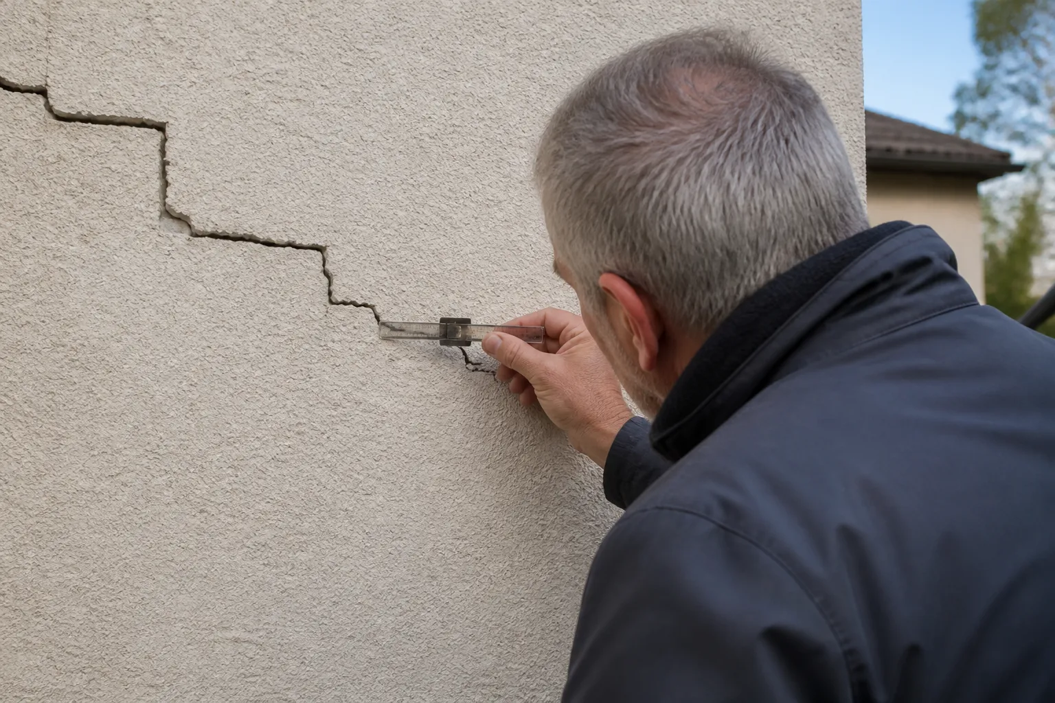 Expert mesurant une fissure en escalier sur un mur de maison