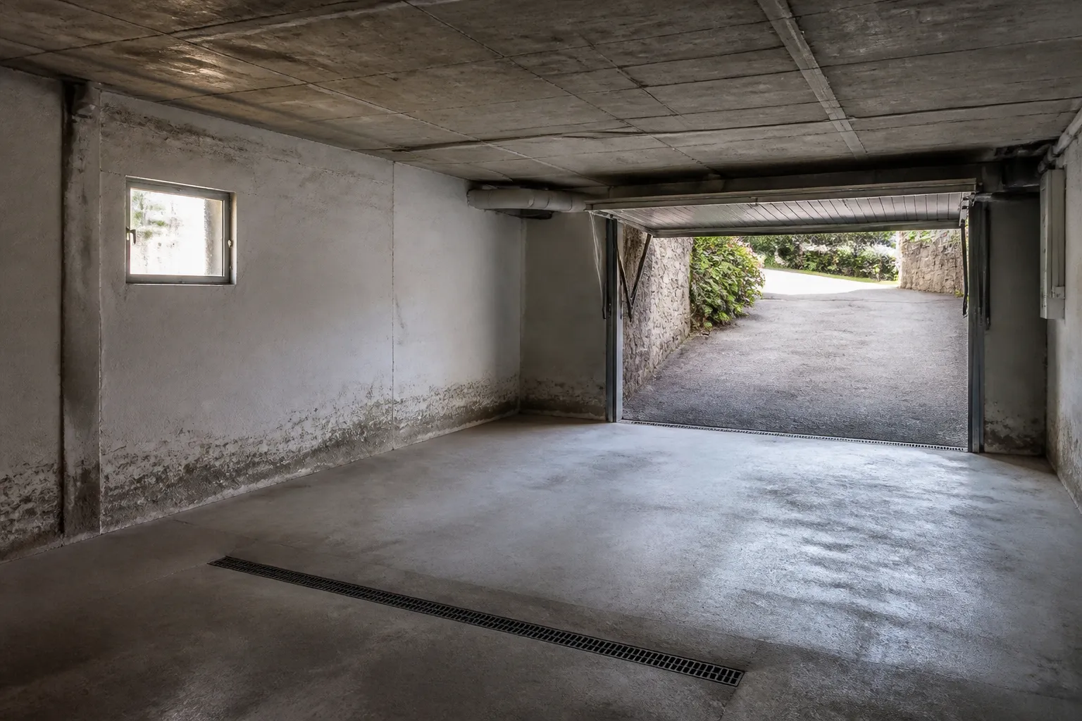 Garage en sous-sol avec traces d'humidité au pied des murs