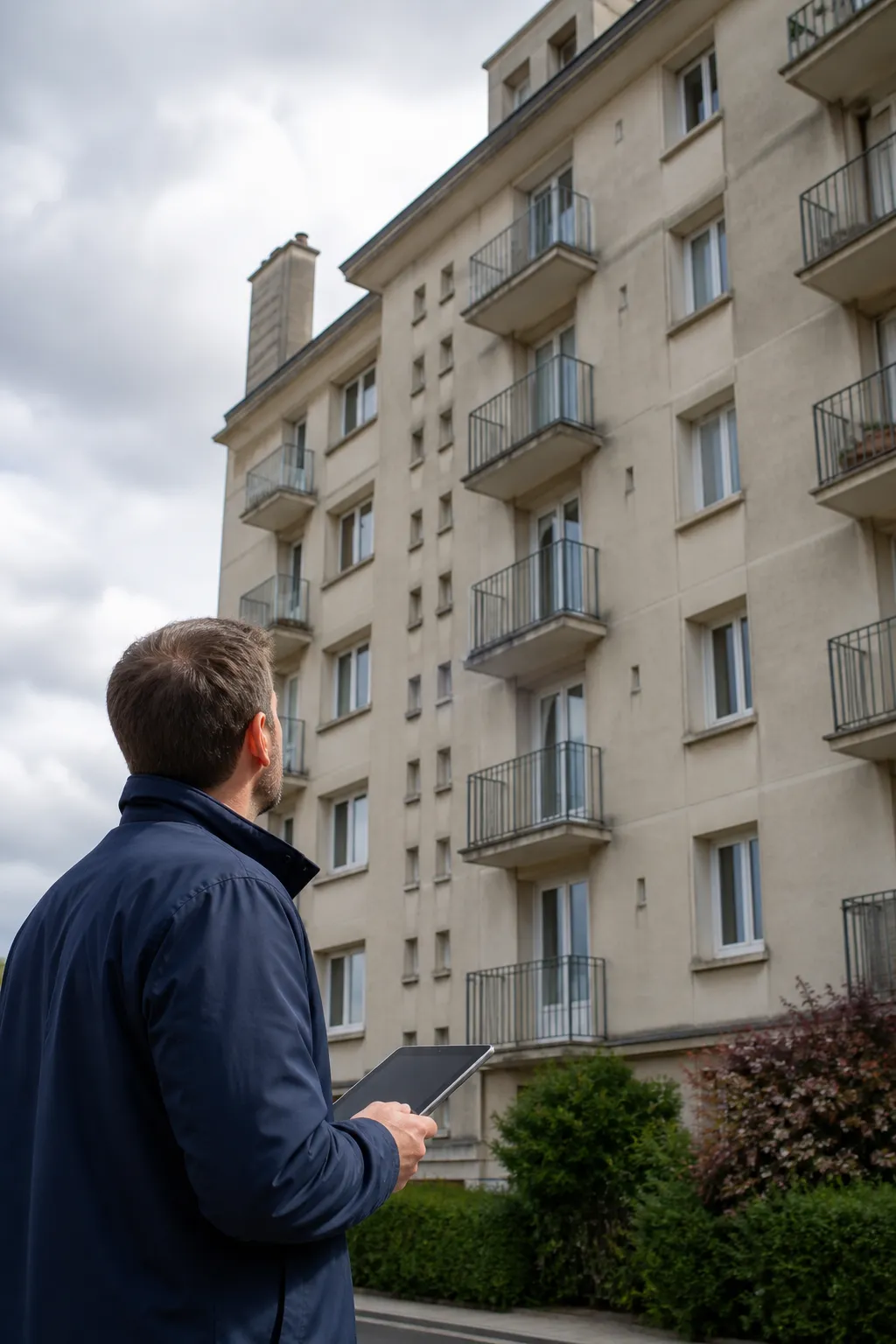 Expert en bâtiment devant un immeuble d’habitation d’après-guerre en béton