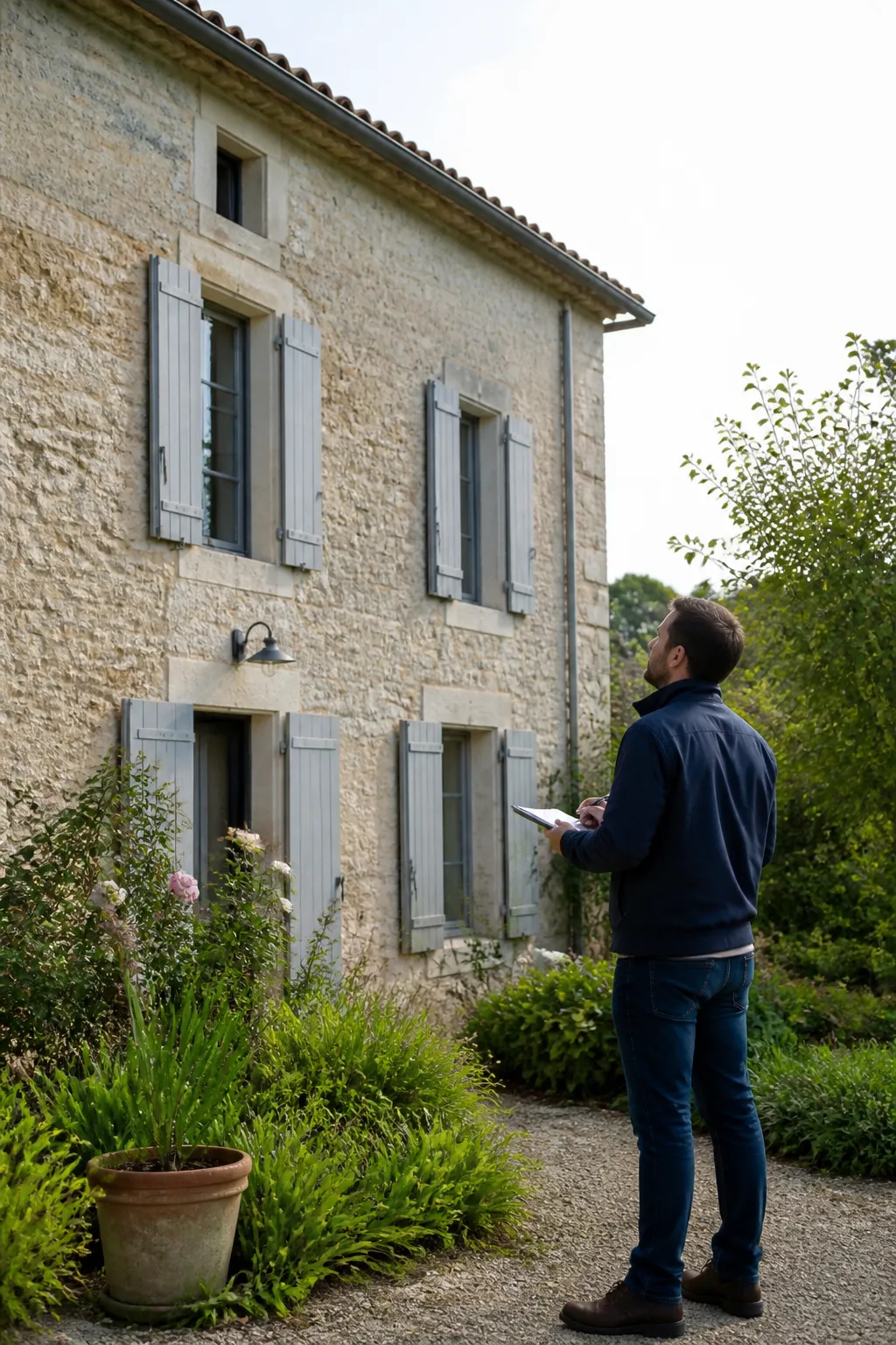 Expert en bâtiment observant une maison en pierre calcaire avant un achat à Saintes