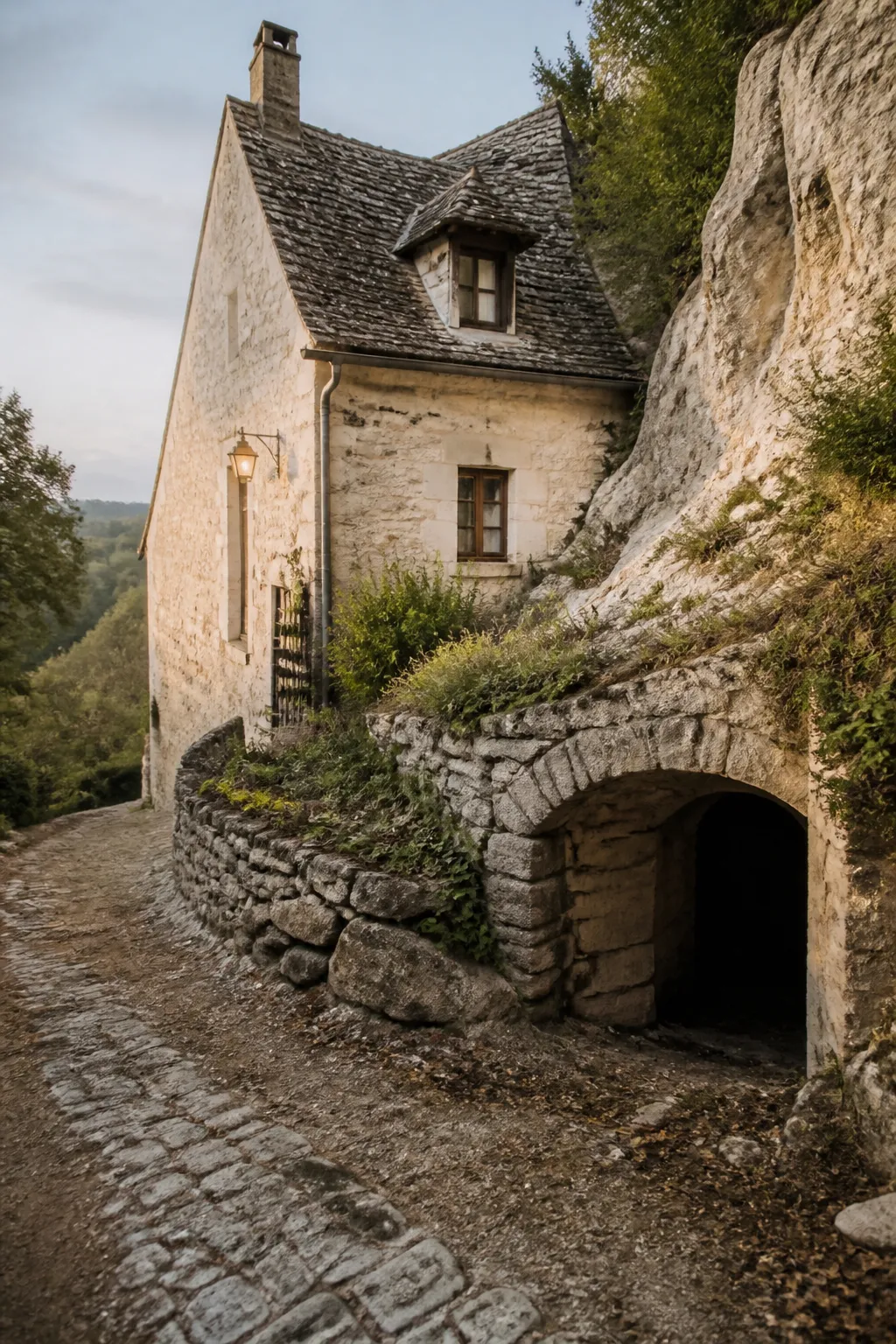 Maison en pierre claire adossée à un coteau avec entrée de cave