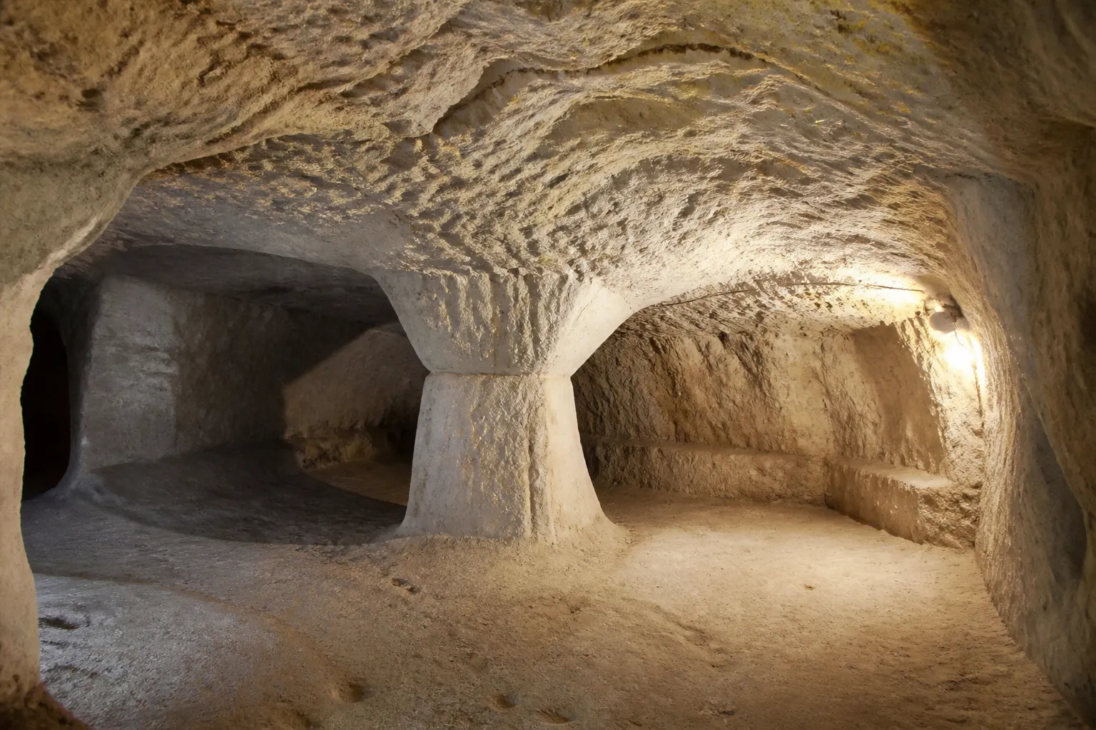 Intérieur d’une cave creusée dans la roche calcaire avec pilier