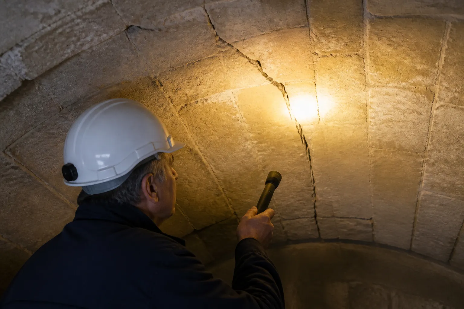 Expert examinant une fissure dans une voûte de cave à la lampe