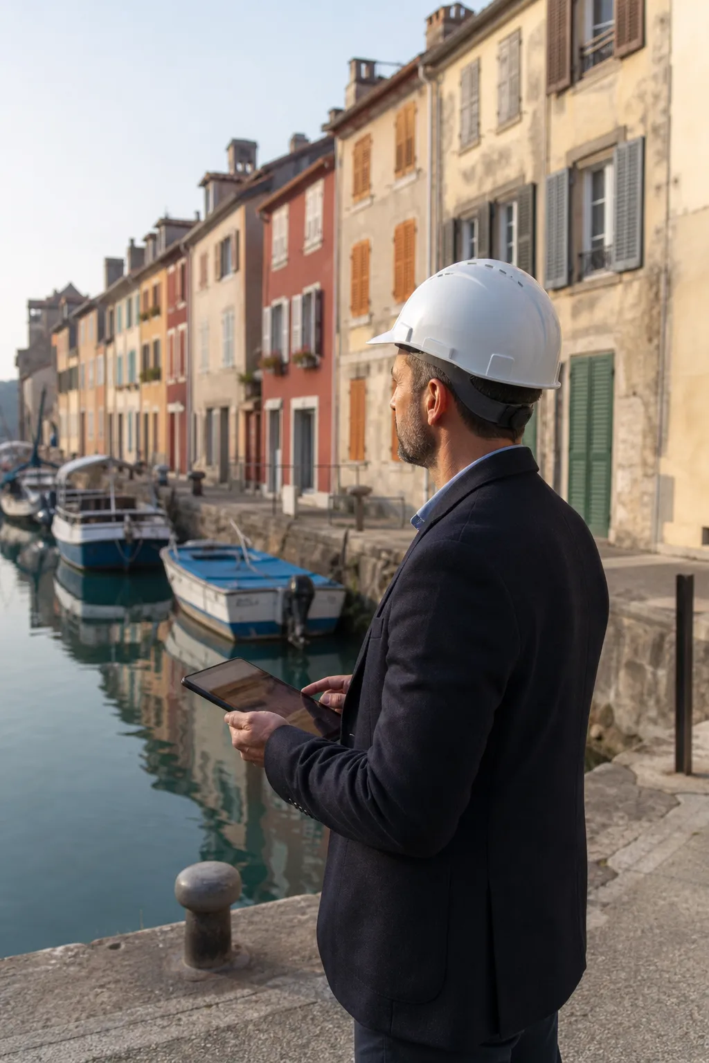 Expert en bâtiment devant un immeuble ancien aux façades colorées au bord d’un canal
