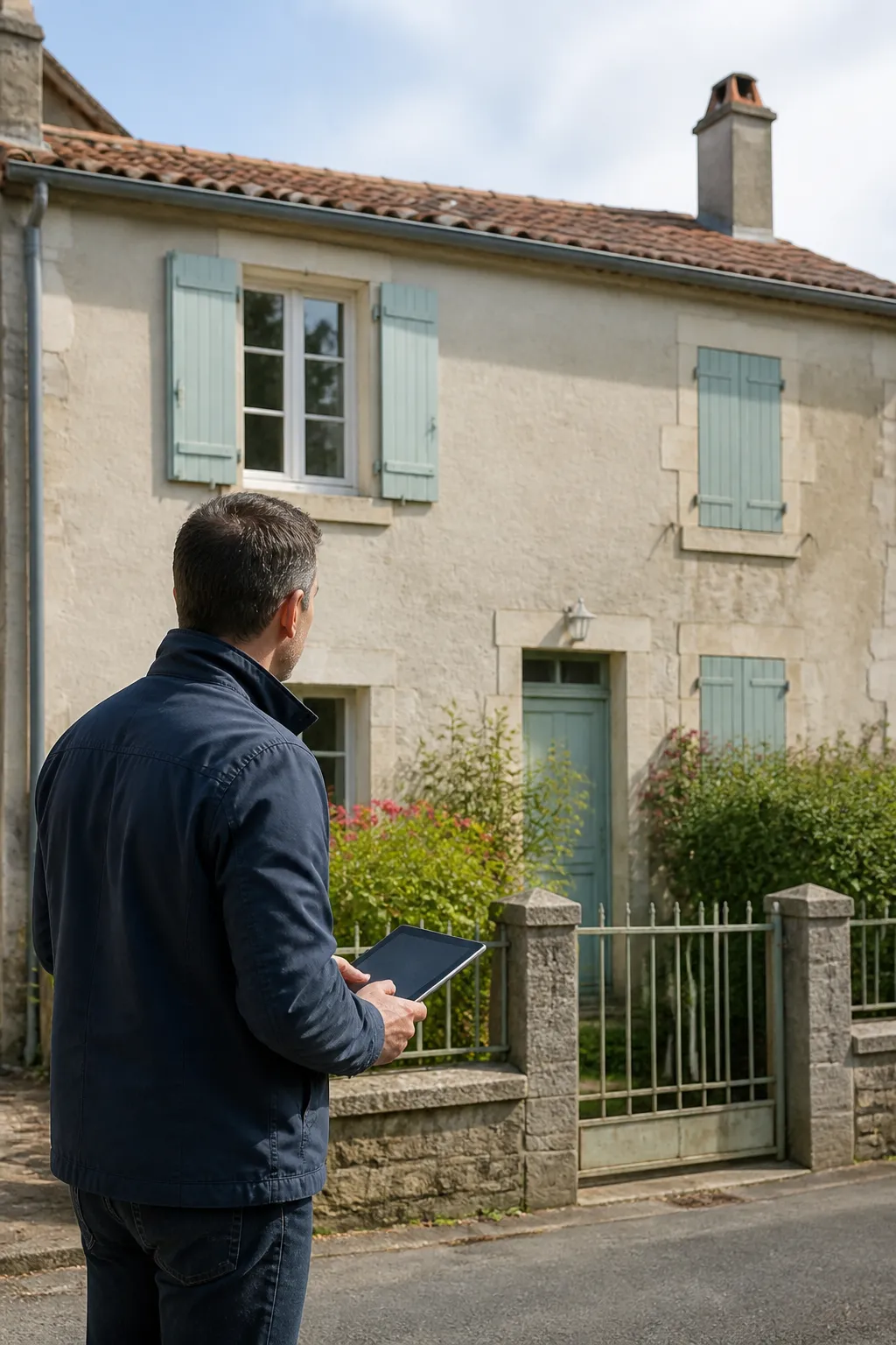 Expert en bâtiment devant une maison de bourg avec toiture en tuiles