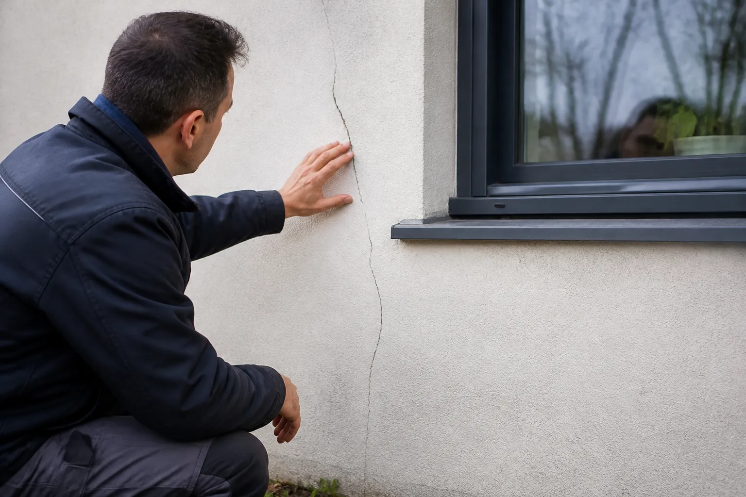 Expert examinant une fissure sur le mur extérieur d’un pavillon