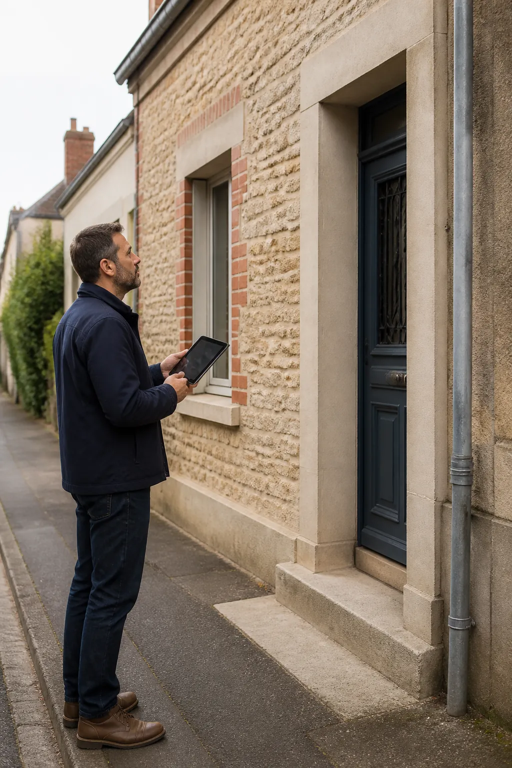 Expert en bâtiment devant une maison de ville ancienne en Seine-Maritime