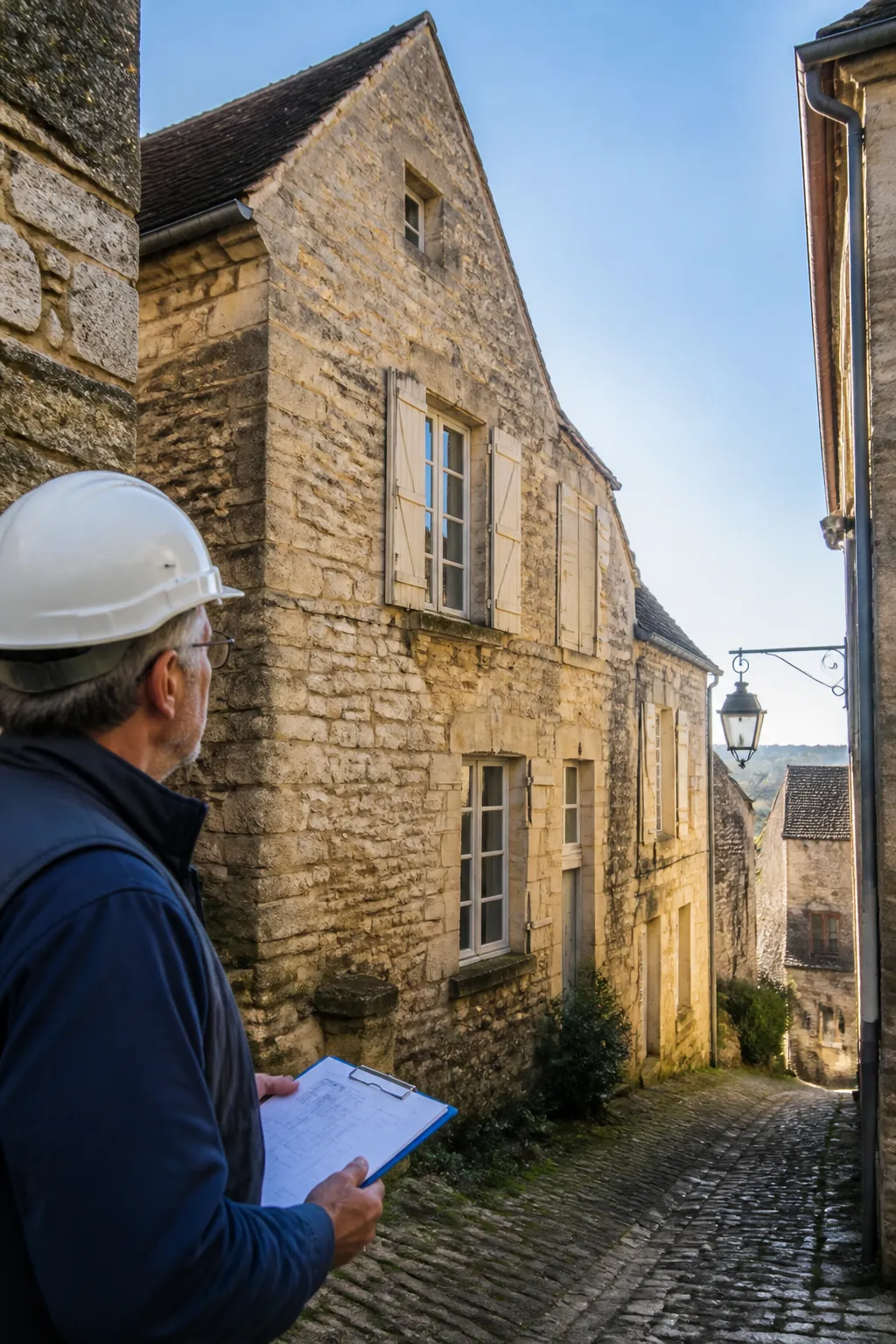 Maison ancienne en pierre sur une rue en pente d’un village perché