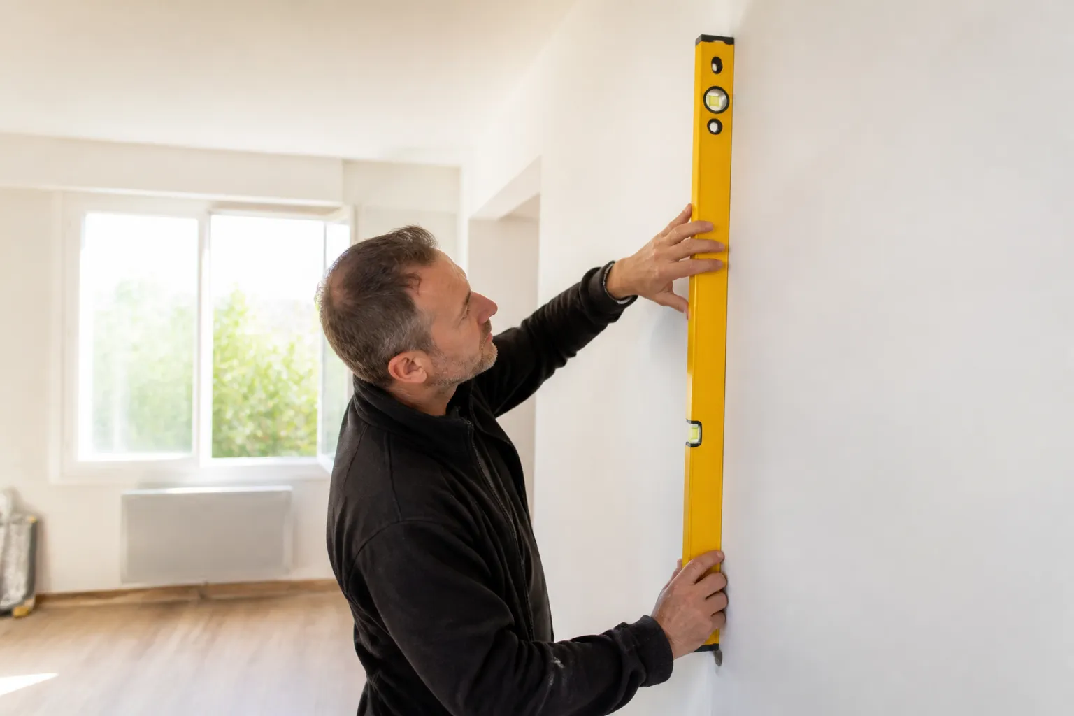 Expert vérifiant l’aplomb d’un mur intérieur avec un niveau