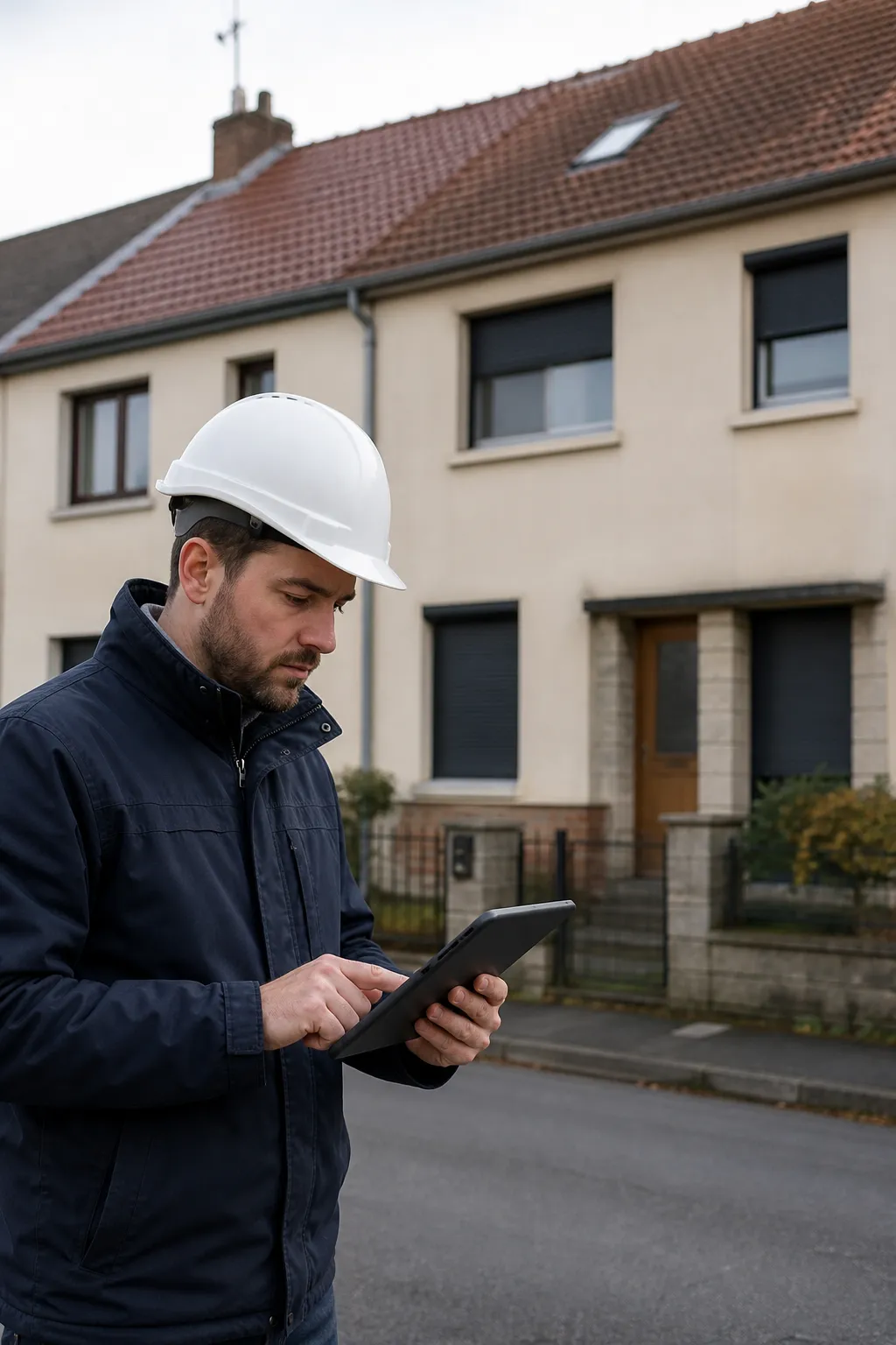 Expert en bâtiment devant une maison mitoyenne enduite