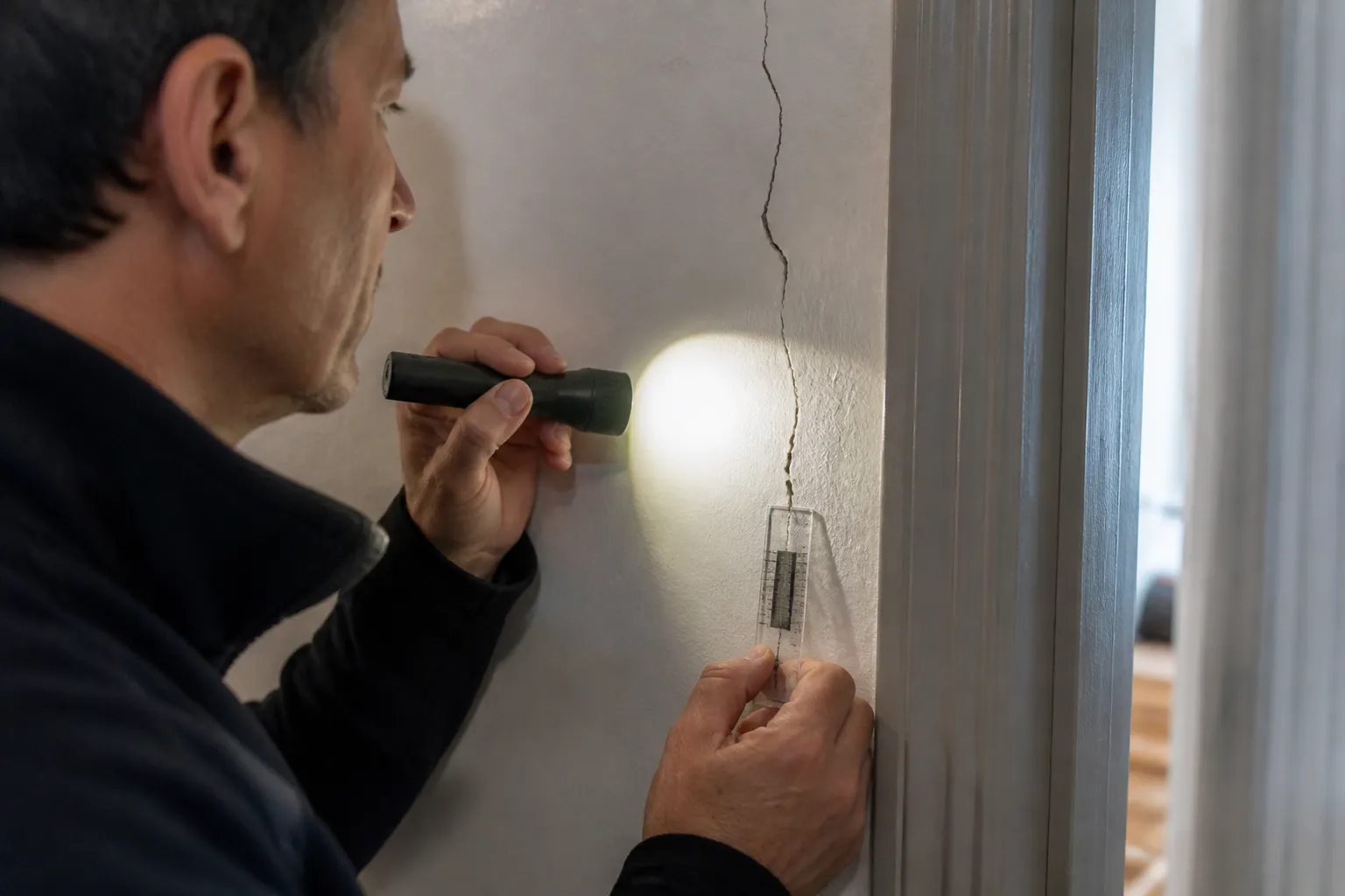 Fissure traversante sur un mur intérieur observée à la lampe