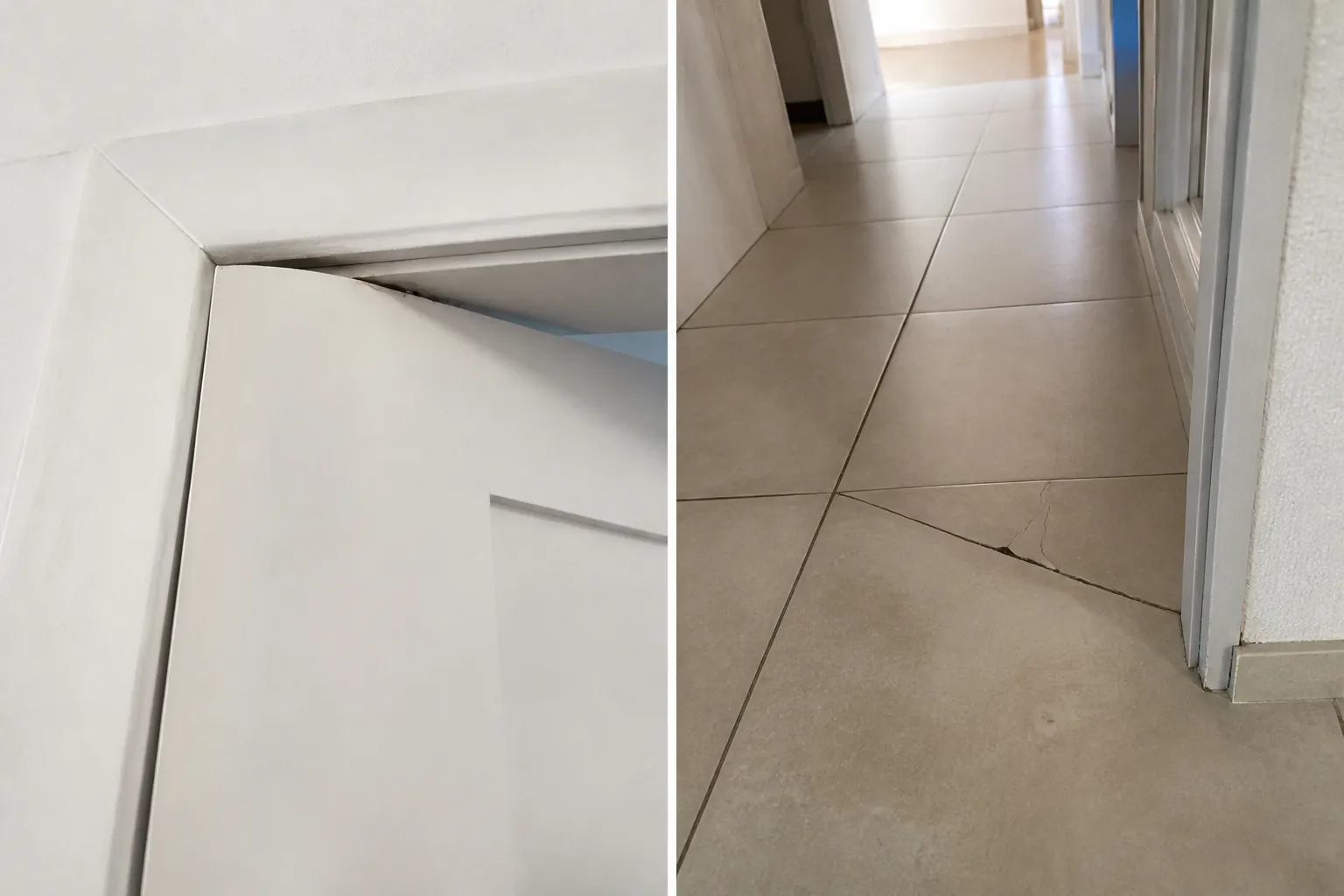 Porte intérieure déréglée et carrelage fissuré