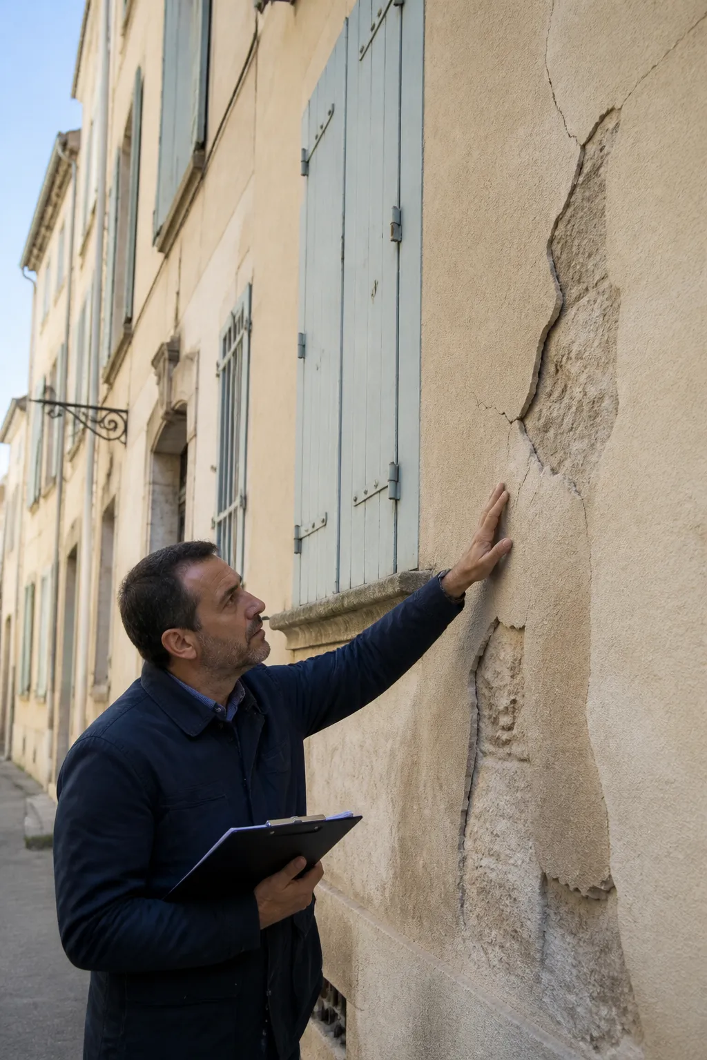 Expert en bâtiment examinant la façade d’un immeuble ancien avant un achat à Toulon