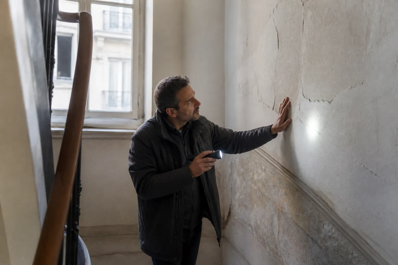 Expert inspectant une cage d’escalier d’immeuble en copropriété
