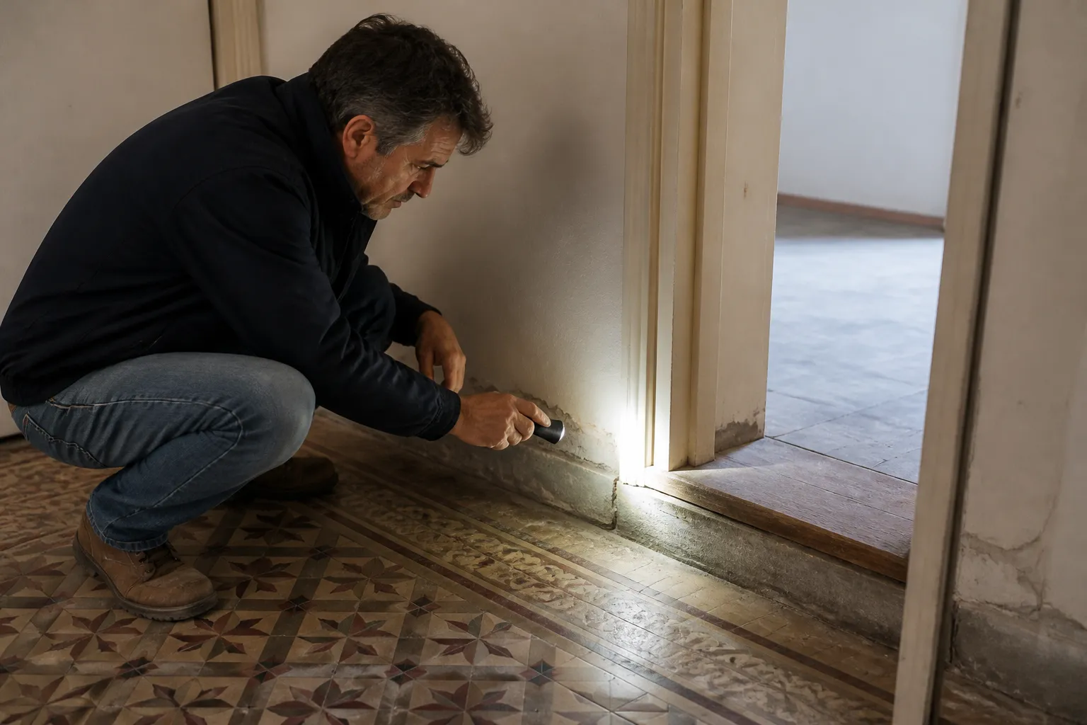 Expert en bâtiment examinant un seuil de porte et un bas de mur intérieur