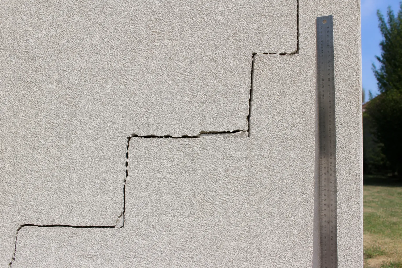 Fissure en escalier sur le mur d'une maison individuelle