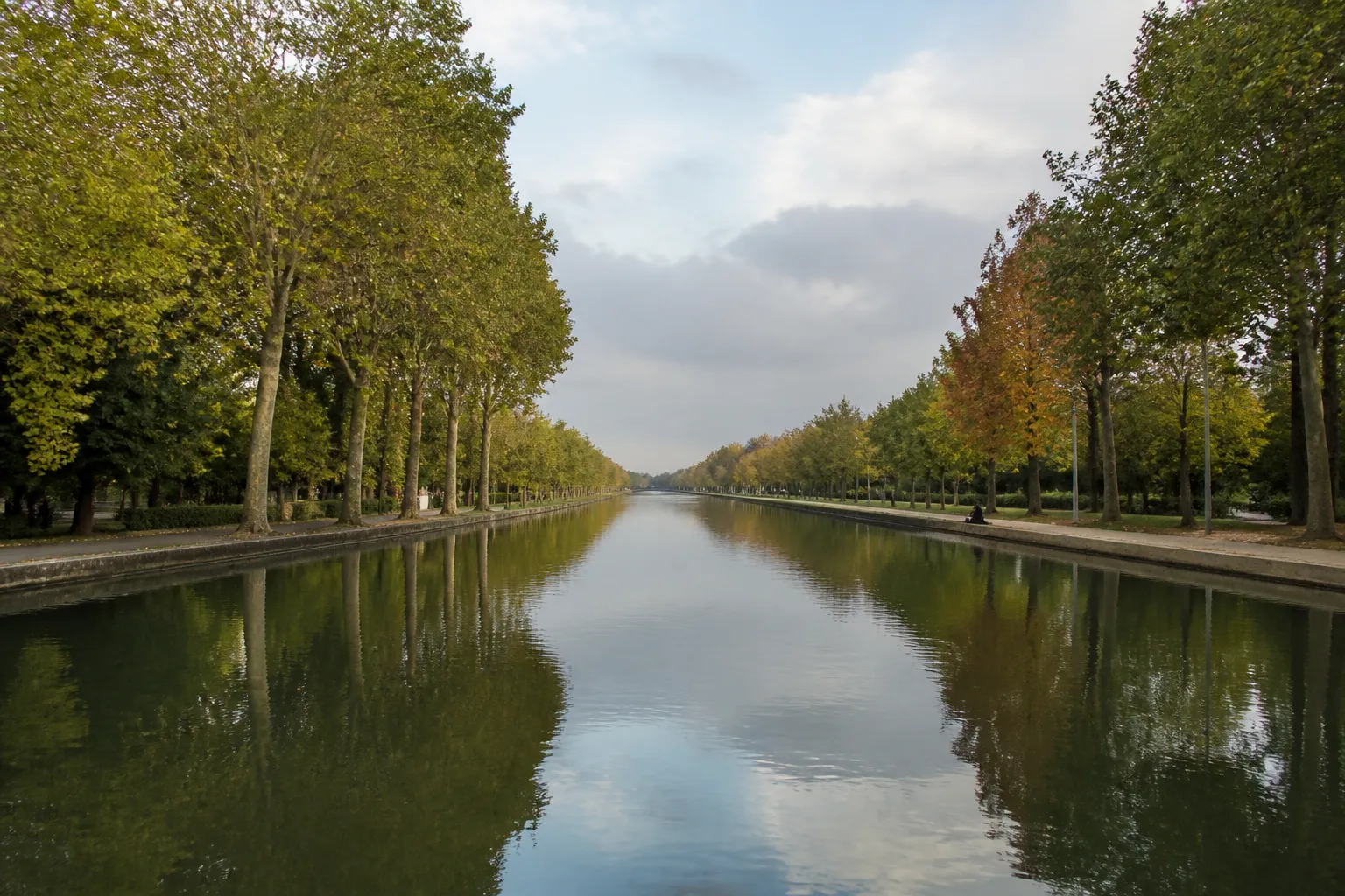 Canal bordé d'arbres en périphérie urbaine