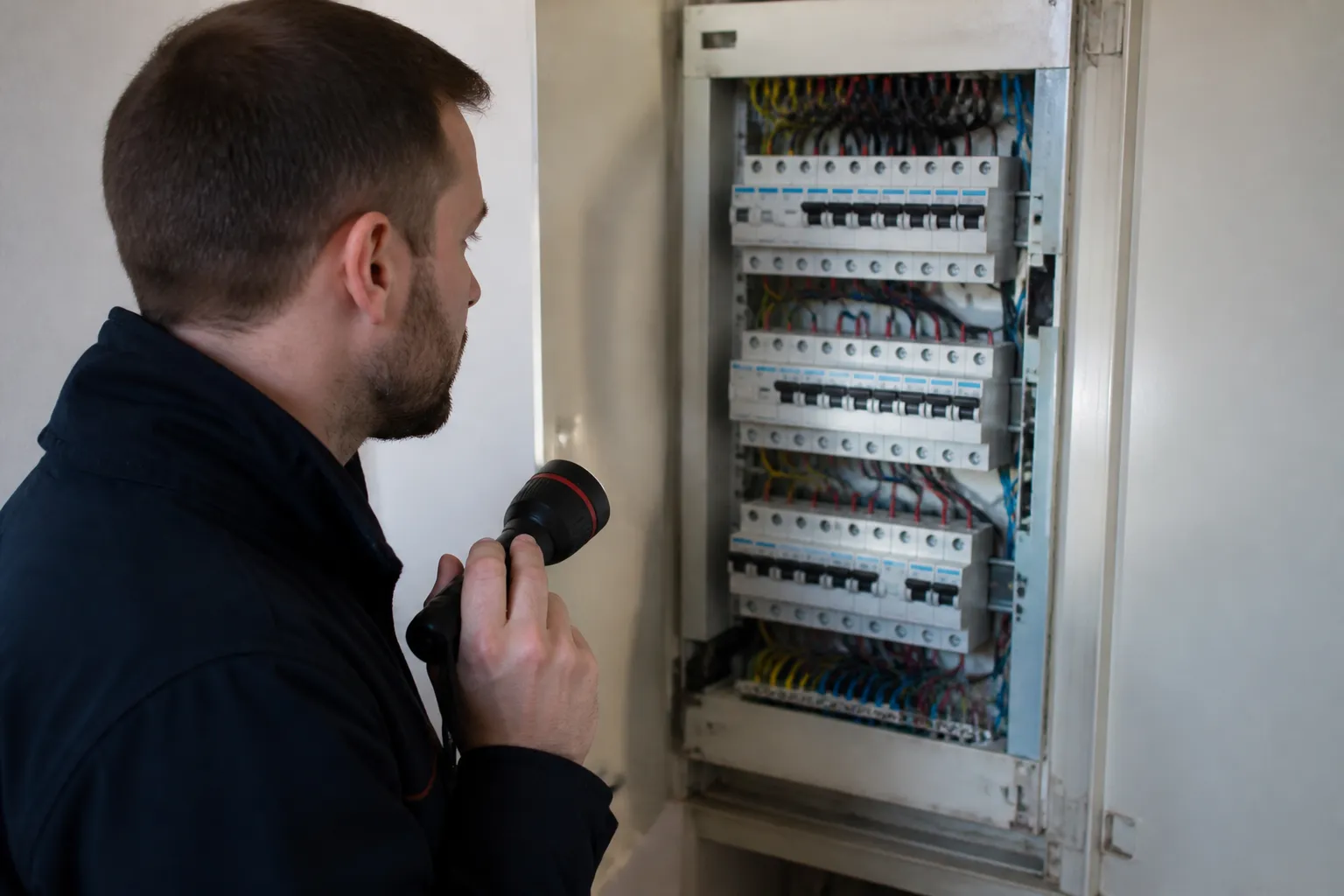 Expert en bâtiment contrôlant un tableau électrique en constat apparent