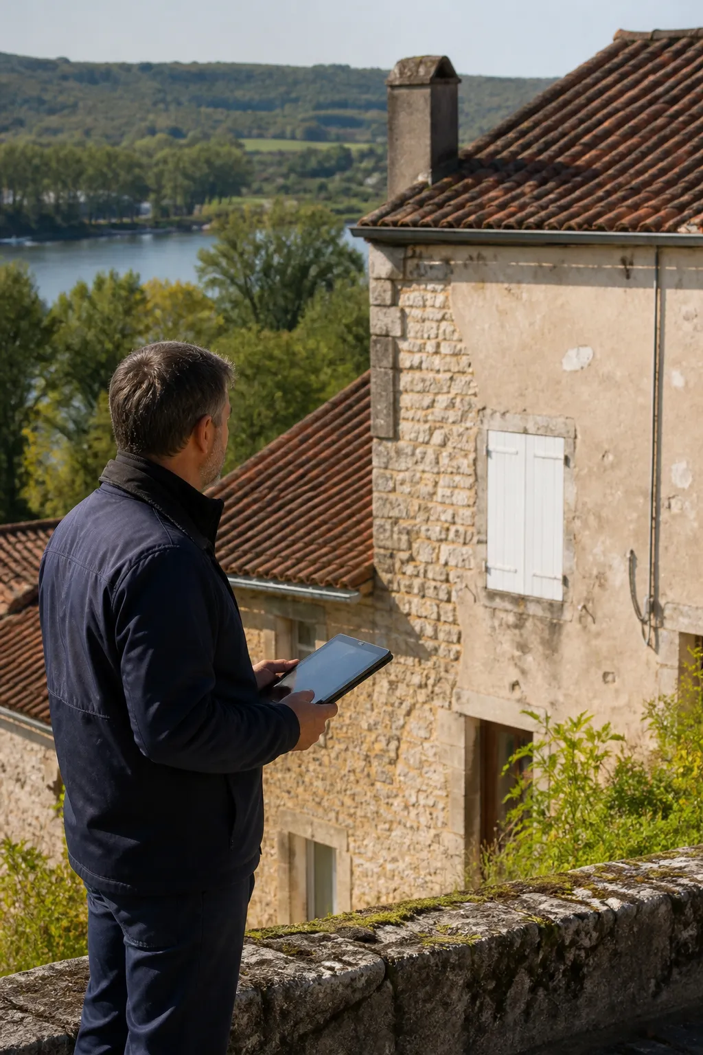 Expert en bâtiment devant une maison ancienne en pierre sur un coteau