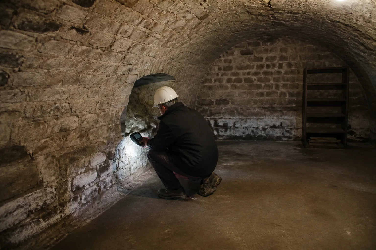 Cave voûtée en pierre avec traces d'humidité au pied des murs