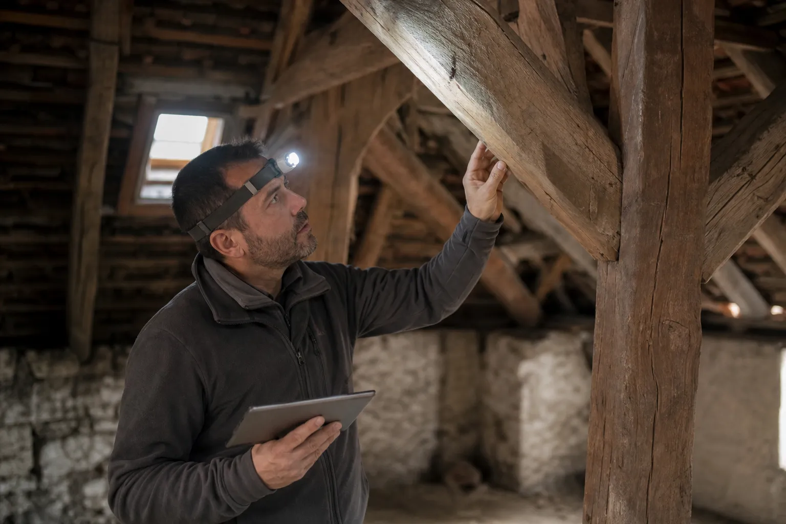 Expert examinant une charpente ancienne dans des combles