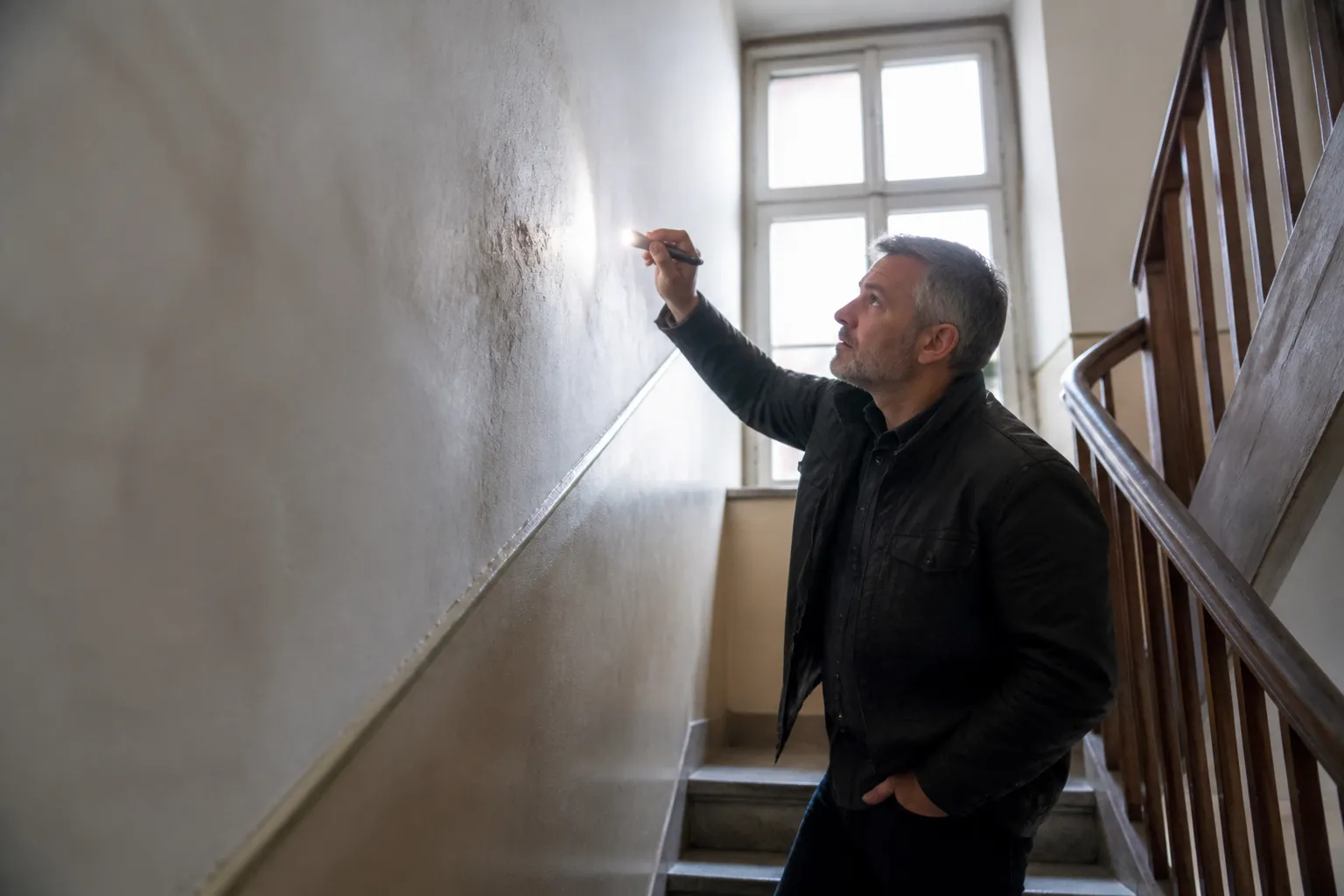 Expert en bâtiment examinant une cage d'escalier d'immeuble