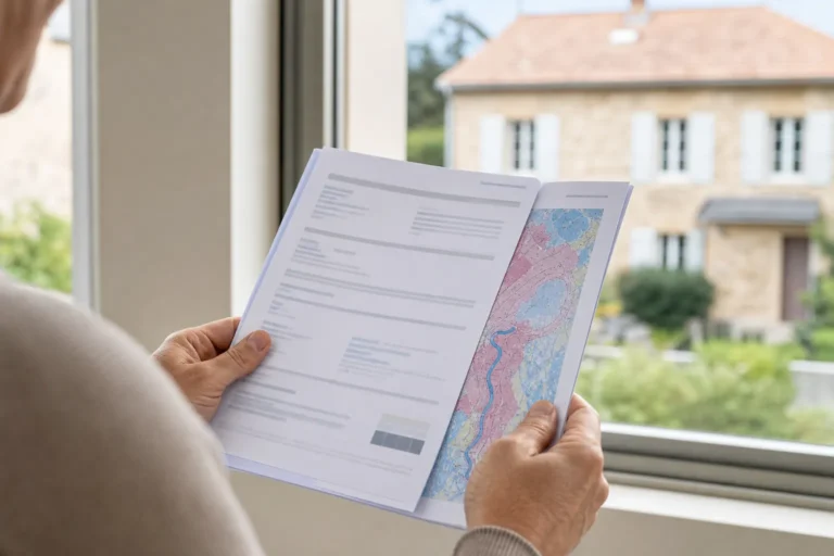 Acheteur lisant un état des risques et pollutions avec carte annexée