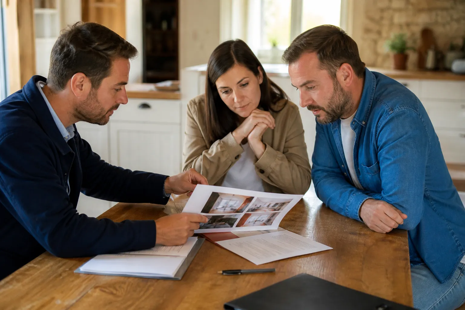 Acheteurs et expert en bâtiment relisant un rapport d'expertise avant la signature