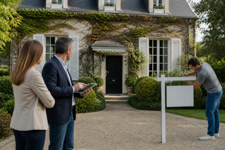 Propriétaire et expert en bâtiment devant une maison avant sa mise en vente