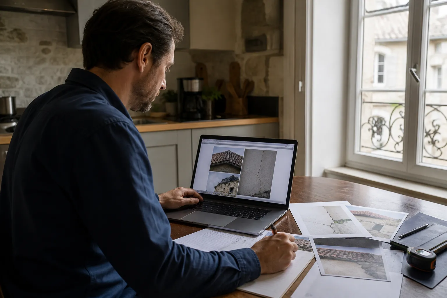 Expert rédigeant un rapport d'expertise pré-achat illustré de photos sur un ordinateur portable