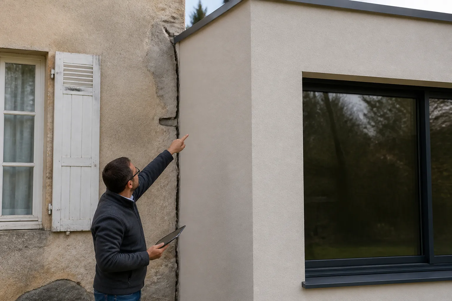 Jonction fissurée entre une maison et son extension