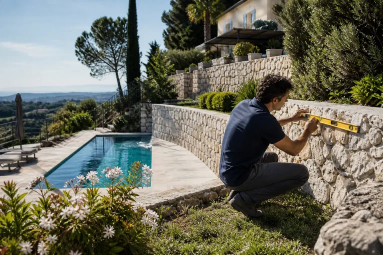 Jardin en pente avec mur de soutènement et piscine d'une maison
