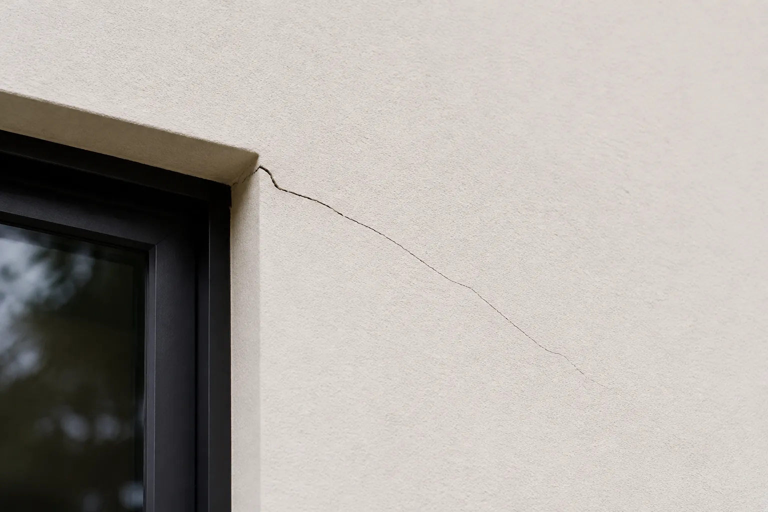 Fissure en biais partant de l'angle d'une fenêtre sur une façade