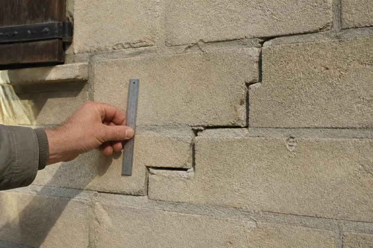 Fissure en escalier dans un mur en parpaings enduit d'une maison