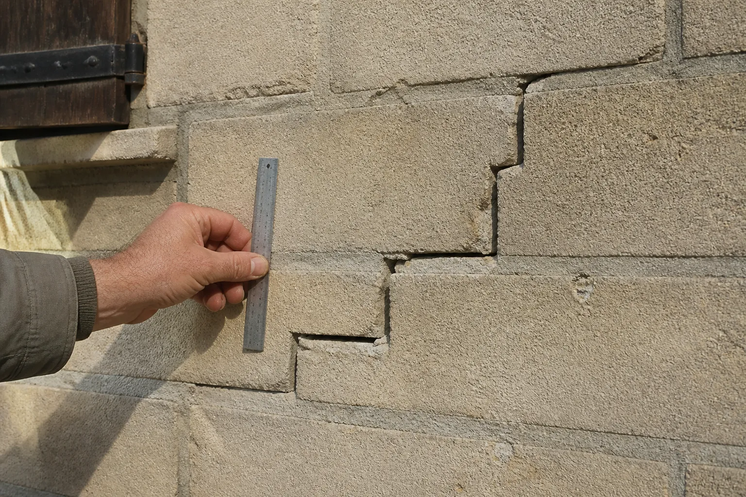Fissure en escalier dans un mur en parpaings enduit d'une maison