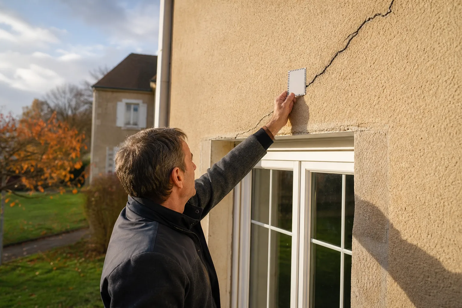 Expert mesurant une fissure récente sur le mur d'une maison à vendre