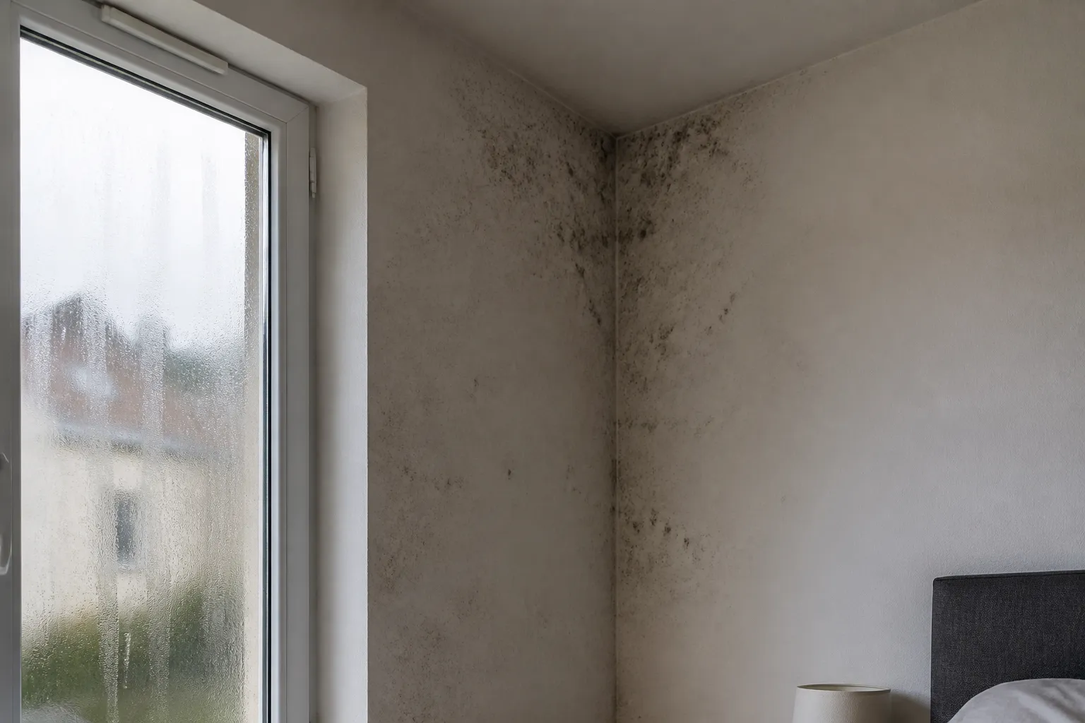 Moisissures dans l'angle d'une chambre liées à la condensation