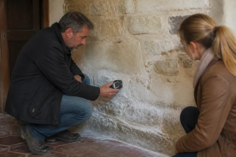 Expert mesurant l'humidité d'un mur en pied de façade intérieure dans une maison ancienne